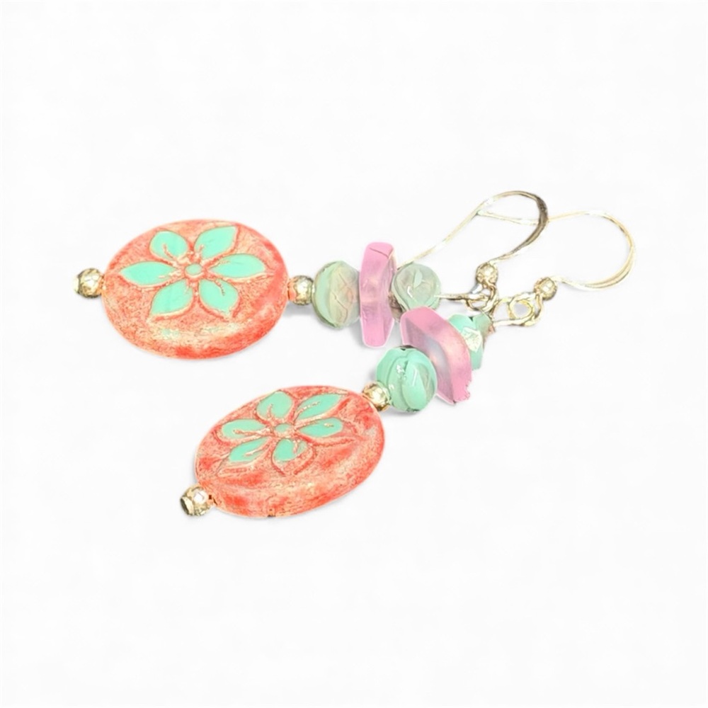 Handcrafted Floral Pink and Turquoise Czech Glass Earrings - Picture 9 of 16